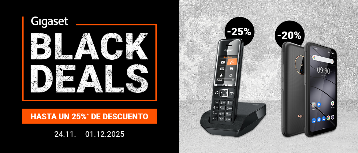 Gigaset Black Deals 2025 Encabezado con referencia a descuentos de hasta el 30 %.