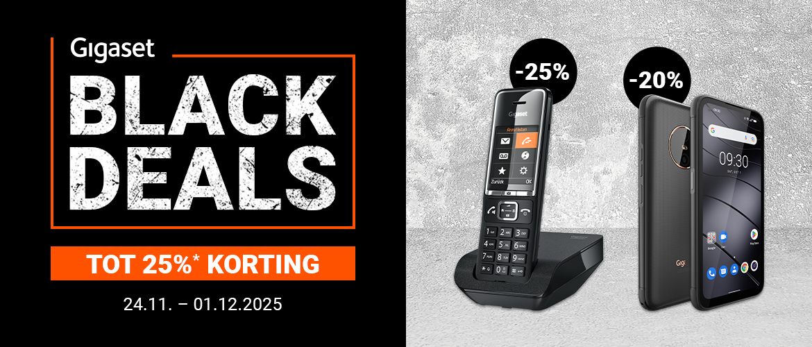 Gigaset Black Deals 2025 Koptekst met vermelding van tot 25 procent korting