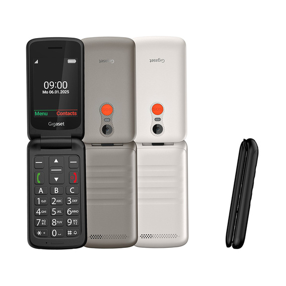 Siyah Gigaset GL595 kapaklı telefon – büyük renkli ekran, aydınlatmalı tuşlar ve kolay kullanım için SOS fonksiyonu