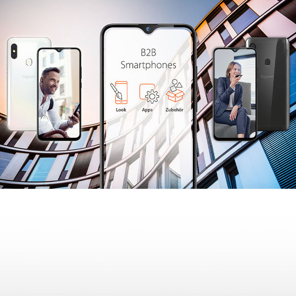 Das Bild zeigt verschiedene Smartphones, die für den Einsatz in Unternehmen entwickelt wurden. Link zum Bereich Gigaset Professional.