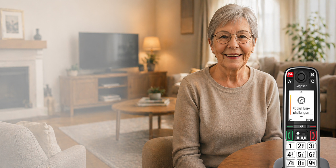 Seniorin mit Gigaset EASY 500 Telefon mit großen Tasten zuhause