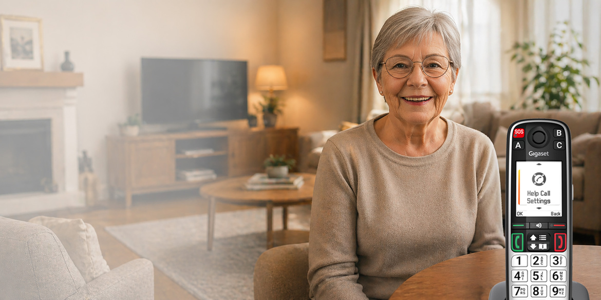 Senior using Gigaset EASY 500 phone with large buttons at home