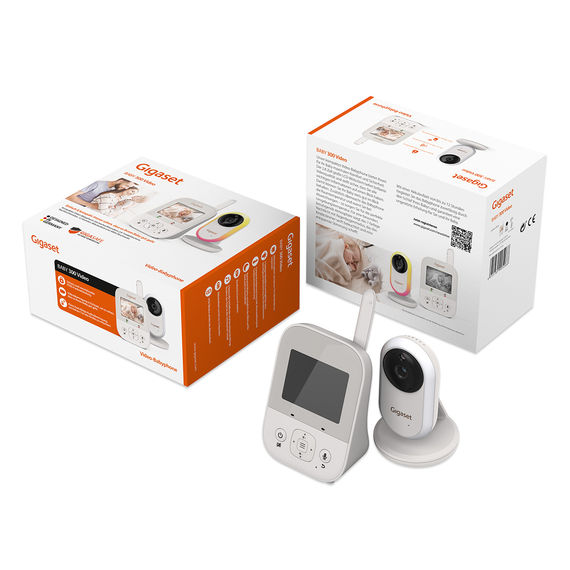 Verpackung des Gigaset BABY 300 Video mit Kamera und Monitorgerät, beide in moderner weißer Optik dargestellt.