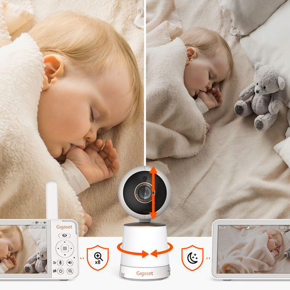 A sinistra: zoom 8x sul bambino. A destra: bambino addormentato in modalità visione notturna, videocamera Gigaset BABY 500 con funzione pan/tilt.