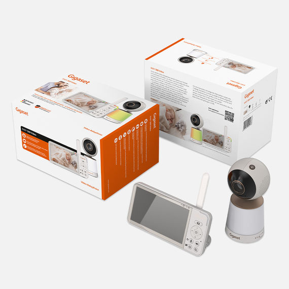 Confezione di Gigaset BABY 500 Video con telecamera e monitor da 5 pollici. Presentazione del prodotto in bianco e arancione.
