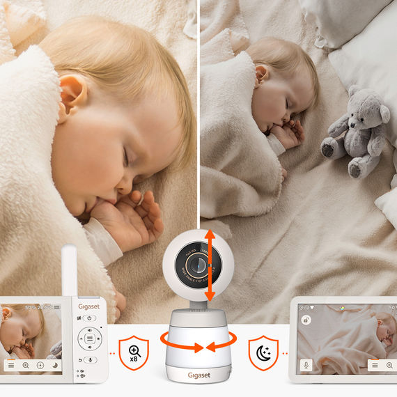 A sinistra: zoom 8x sul bambino. A destra: modalità visione notturna, telecamera con funzione pan e tilt di Gigaset BABY 700 Connected.