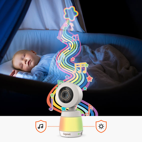 Il bambino dorme, la telecamera si illumina dolcemente; l'arcobaleno con note musicali simboleggia la luce notturna e le melodie della ninna nanna di BABY 700 Connected.