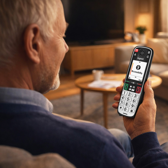 Una persona mayor utiliza en casa el teléfono para personas mayores Gigaset EASY 500 con teclas grandes