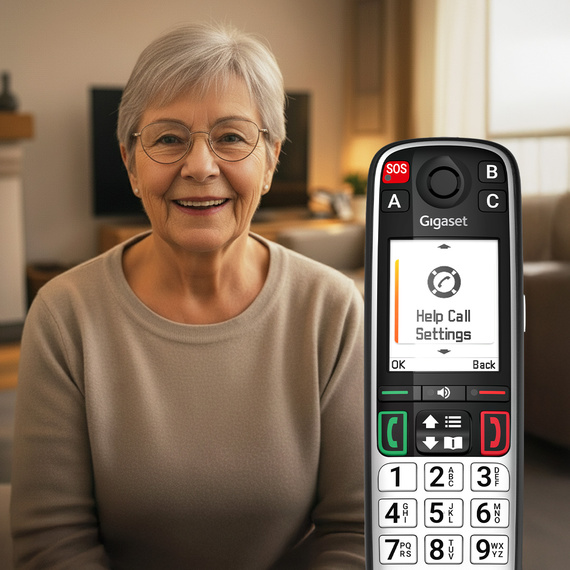 Teléfono para personas mayores Gigaset EASY 500 con menú de llamada de emergencia en la pantalla