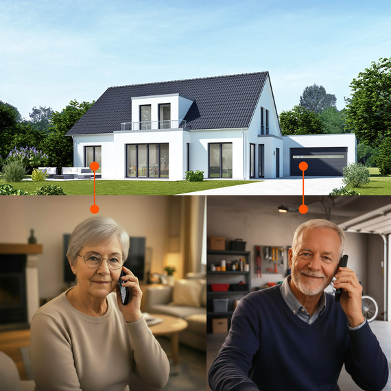 Une personne âgée passe un appel à l'intérieur de la maison avec le téléphone sans fil Gigaset EASY 500HX