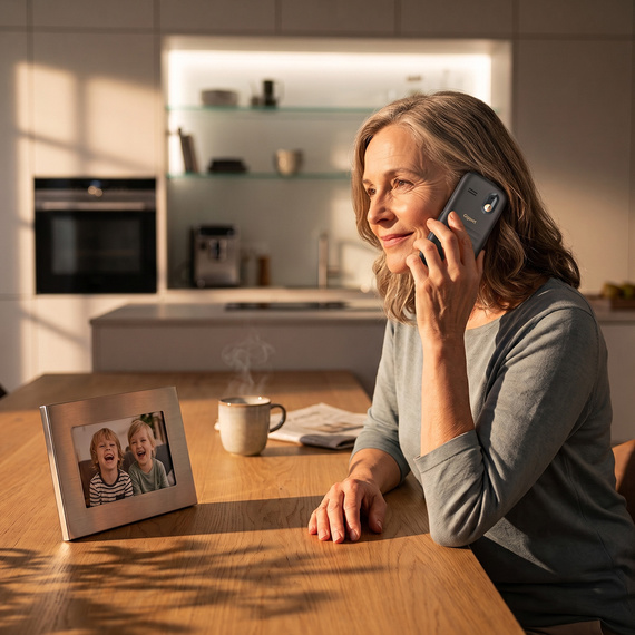 Woman sitting at home at a table, making a call with the Gigaset GL30