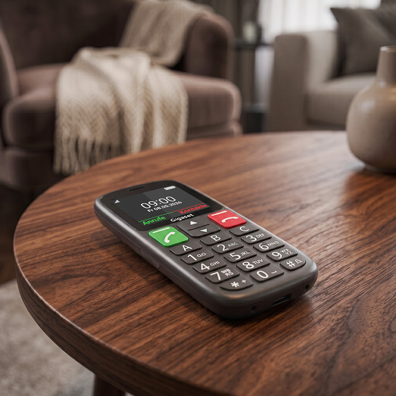Gigaset GL30 with large keys and colour display on a wooden table