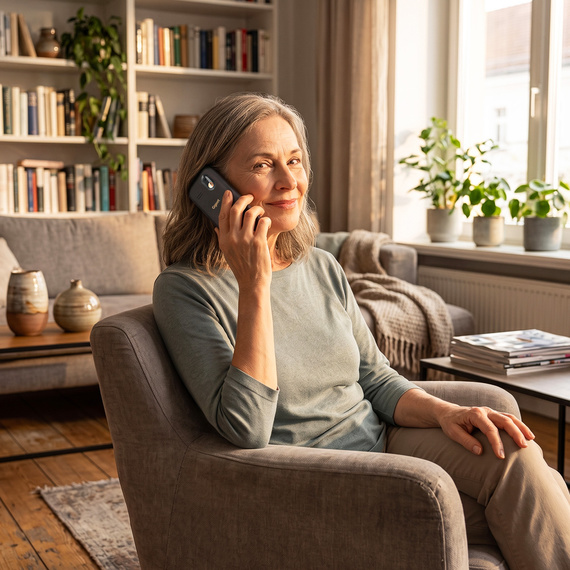 Woman making a relaxed call with the Gigaset GL30 in the living room