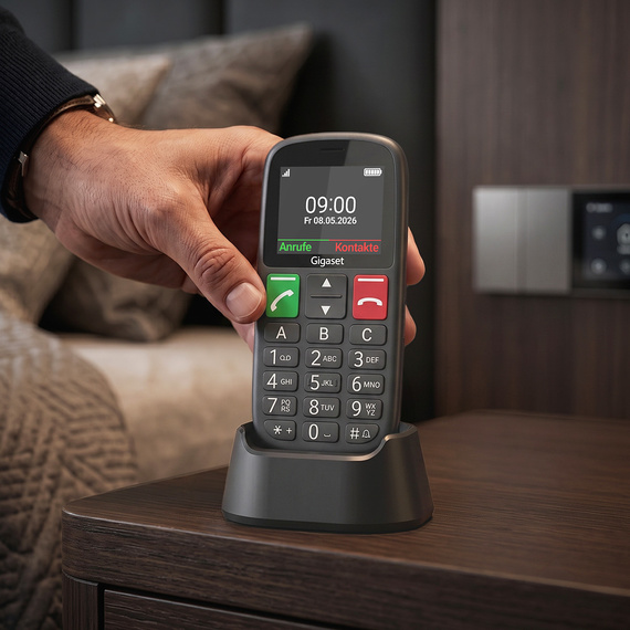 Gigaset GL30 dans son socle de charge sur une table d’appoint