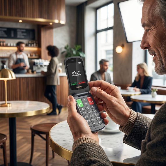 Homme utilisant le Gigaset GL40 ouvert dans un café