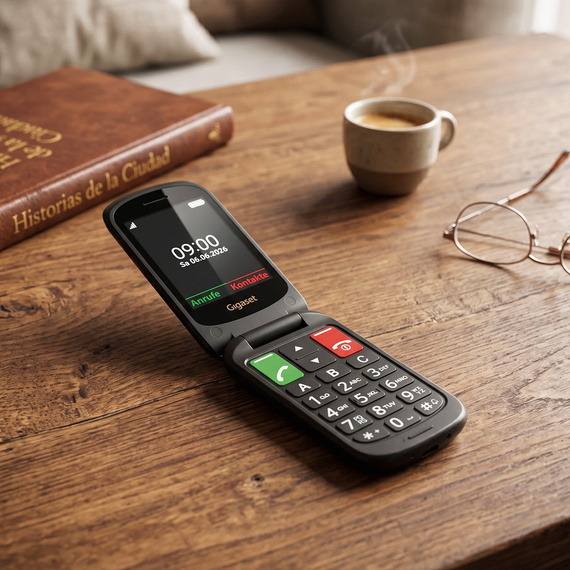 Gigaset GL40 abierto con teclas grandes sobre una mesa de madera