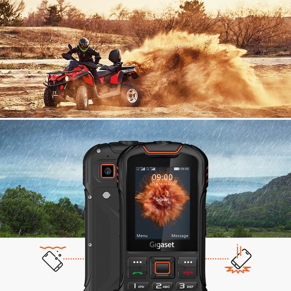 Robuuste Gigaset GLX8 PLUS mobiele telefoon: De afbeelding visualiseert de stof- en waterbestendigheid volgens IP68-certificering en de bestendigheid tegen vallen vanaf een hoogte tot 1,5 meter.