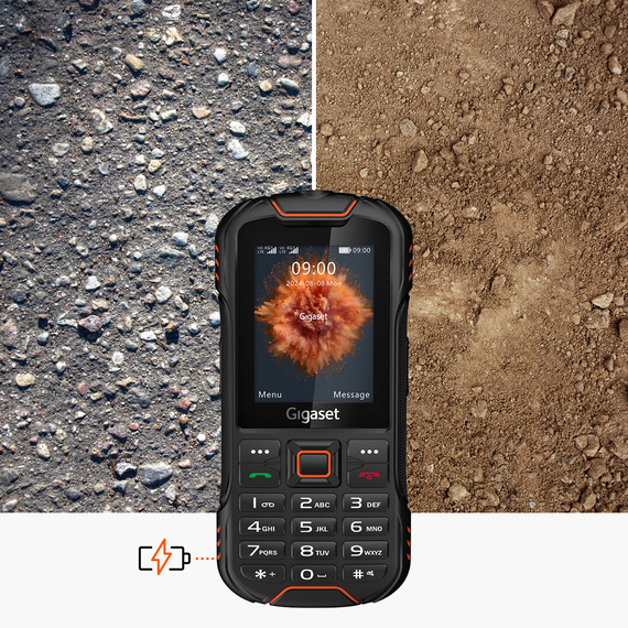 Robust Gigaset GLX8 PLUS mobile phone: the image visualises the powerful 2500 mAh battery.