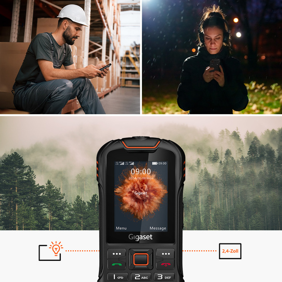 Robuuste Gigaset GLX8 PLUS mobiele telefoon: De afbeelding toont het duidelijke en goed afleesbare 2,4-inch display.