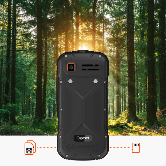Téléphone portable robuste Gigaset GLX8 PLUS : l'image montre la fonction Dual-SIM ainsi que la mémoire interne de 128 Mo, qui peut être étendue jusqu'à 32 Go par carte microSD.