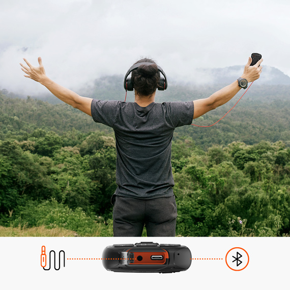 Robuuste Gigaset GLX8 PLUS mobiele telefoon: De afbeelding toont Bluetooth 5.0, de 3,5 mm aansluiting, de geïntegreerde luidspreker en de USB-C poort.