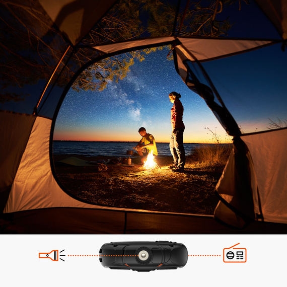 Robustes Mobiltelefon Gigaset GLX8 PLUS: Das Bild visualisiert weitere praktische Funktionen wie die 2-MP-Kamera, Taschenlampe, Kalender, Wecker, Taschenrechner und FM-Radio.