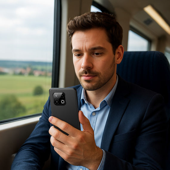 Man using Gigaset GS6 smartphone on the train during journey