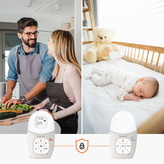 Babyphone avec unité parents et bébé. En arrière-plan, bébé et parents dans des pièces différentes.