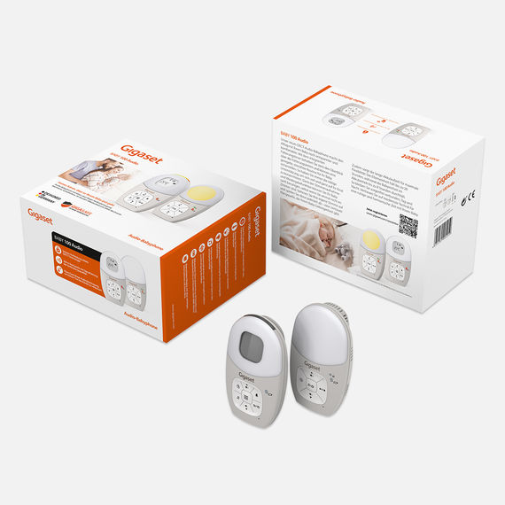 Baby monitor con unità genitore e bambino. Sullo sfondo la confezione del prodotto con immagini e descrizione.