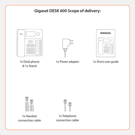 El paquete del Gigaset Desk 600 incluye: teléfono, fuente de alimentación, guía de usuario, cable y adaptador TAE.